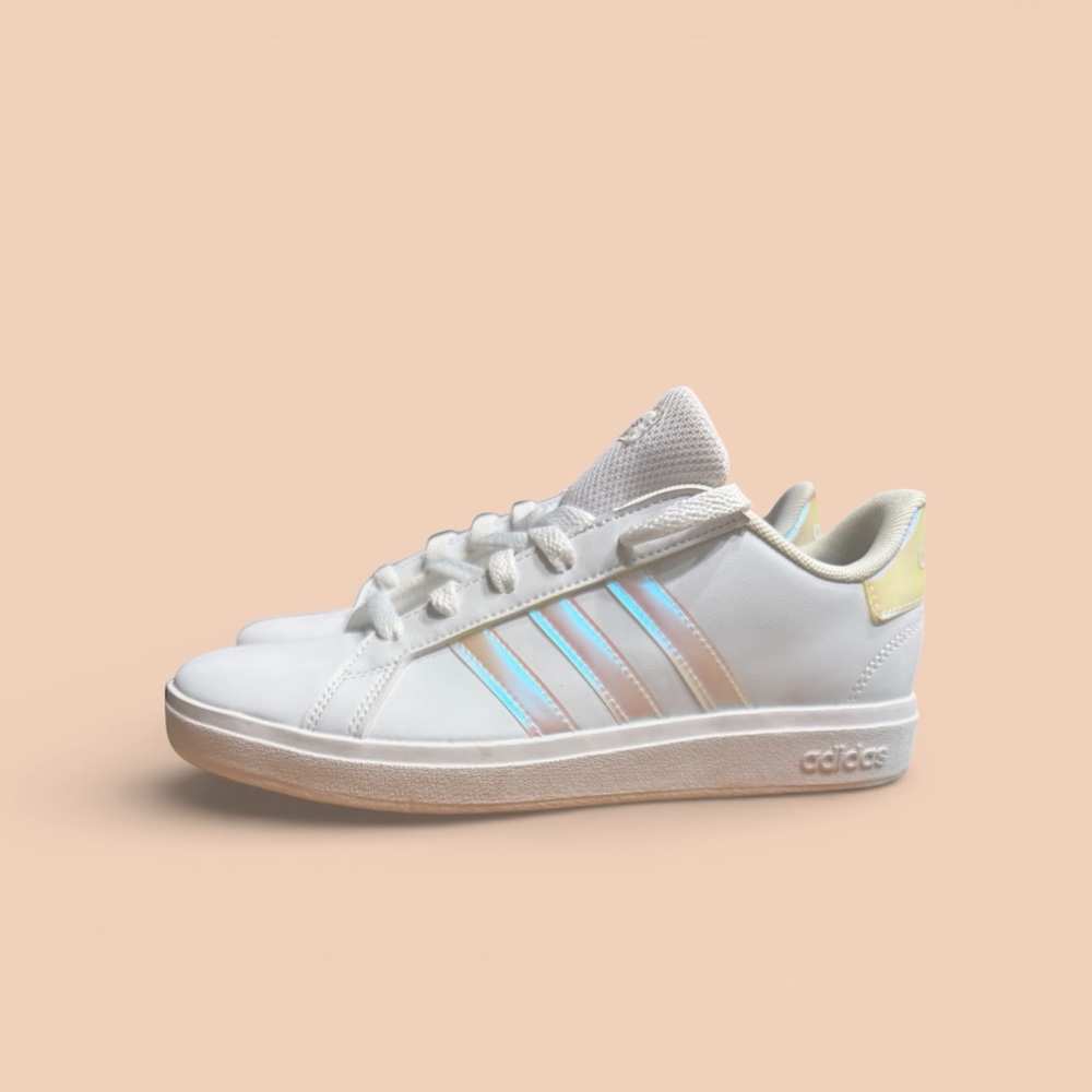 adidas women’s‎  White Sneakers with Iridescent Pastel Stripes